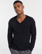Asos Design Cotton V-neck Sweater In Black