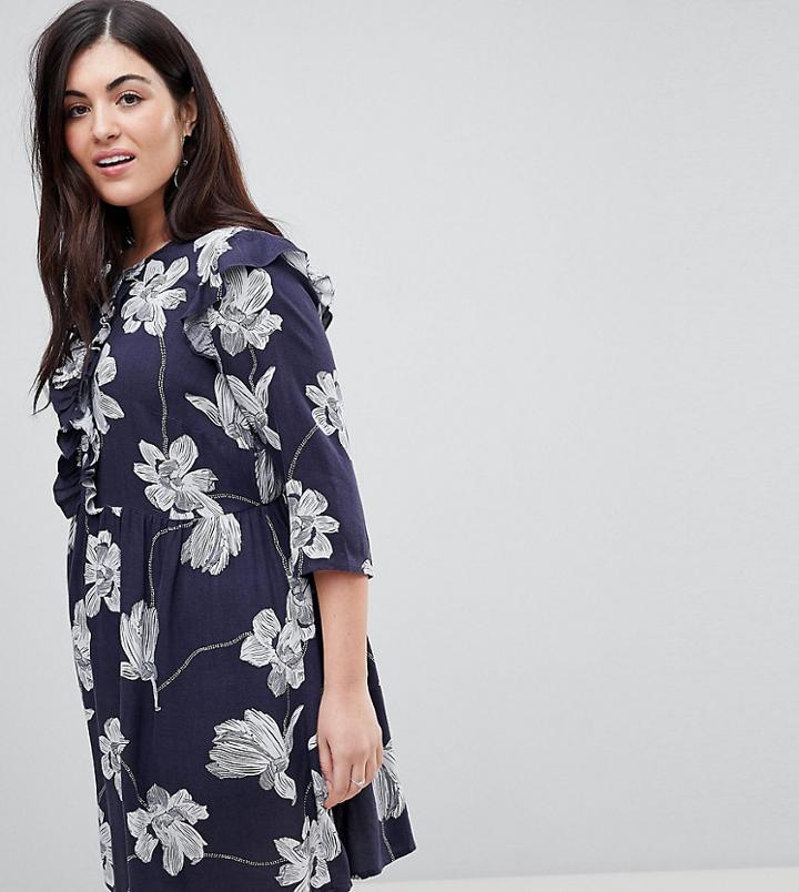 Junarose Mono Floral Printed Skater Dress With Frill - Navy