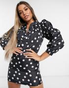 Lioness Wrap Front Frill Mini Tea Dress With Puff Sleeves In Black Polka Print-multi