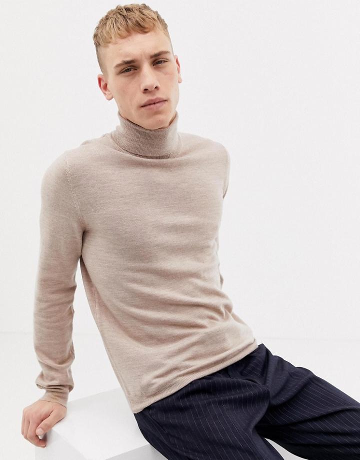 Asos Design Merino Wool Roll Neck Sweater In Oatmeal - Beige