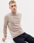 Asos Design Merino Wool Roll Neck Sweater In Oatmeal - Beige