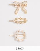 Asos Design Pack Of 3 Hair Clips In Pearl Open Shape And Bow Designs In Gold Tone - Gold