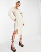 Asos Design Ribbed Cut Out Button Detail Midi Dress In Cream-neutral