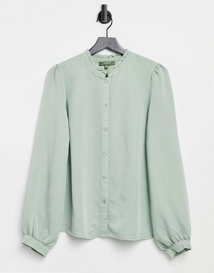 Oasis Denim Shirt With Ruffle Front In Khaki-green