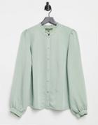 Oasis Denim Shirt With Ruffle Front In Khaki-green