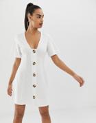 Asos Design Faux Horn Button Through Mini Tea Dress - White