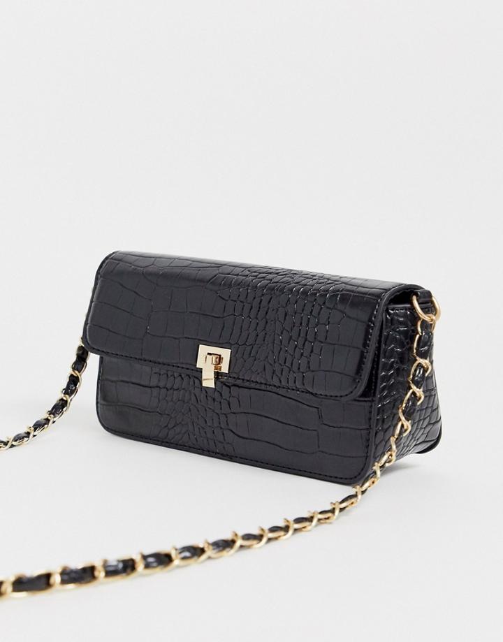 Glamorous Mock Croc Patent Cross Body With Chain Strap-black