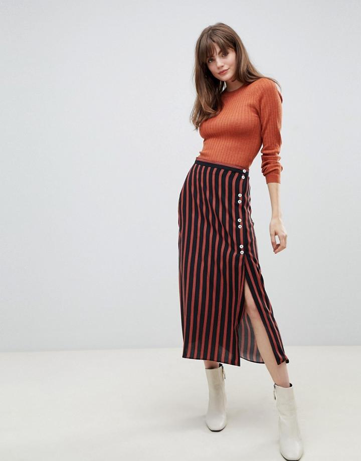 Asos Design Stripe Midi Skirt With Contrast Buttons - Black