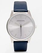 Unknown Navy Leather Strap Watch With Silver Dial - Navy