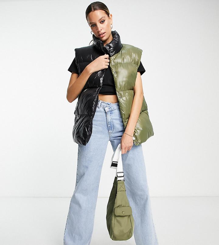 Asos Design Tall Hi-shine Spliced Vest In Black And Khaki-brown