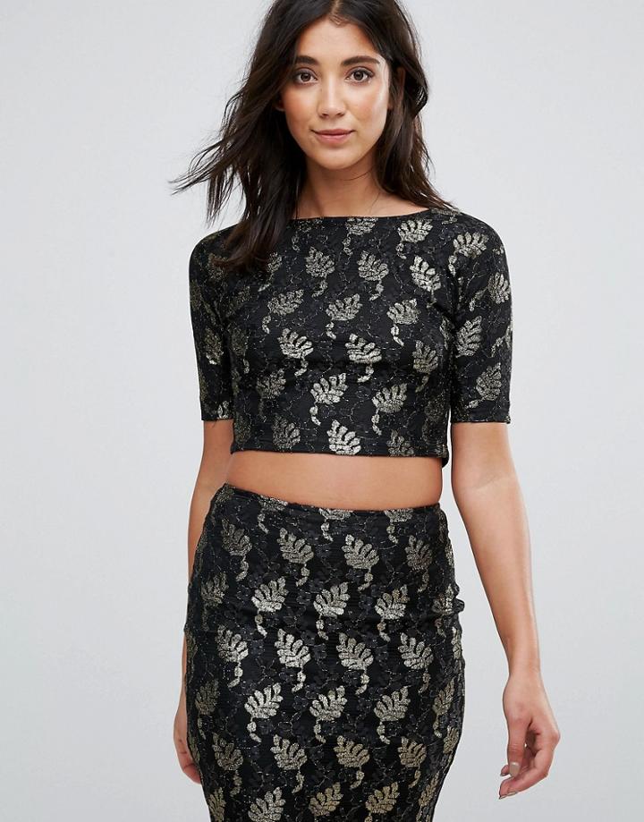 Ax Paris Lace Metallic Leaf Crop Top - Multi