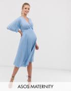 Asos Design Maternity Kimono Pleated Midi Dress-blue