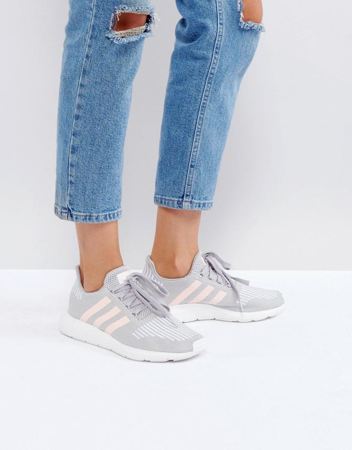 Adidas Swift Run Sneakers In Gray With Pink Stripe - Gray