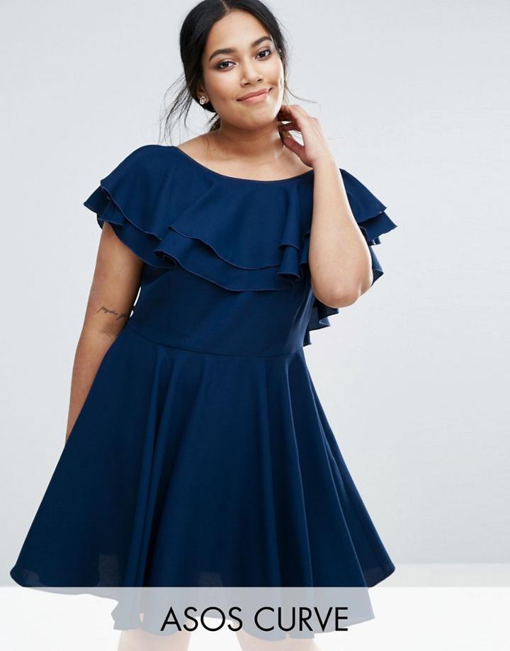 Asos Curve Soft Ruffle Low Back Skater Mini Dress - Blue