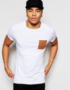 Asos Muscle T-shirt With Faux Suede Pocket And Roll Sleeve In White - White
