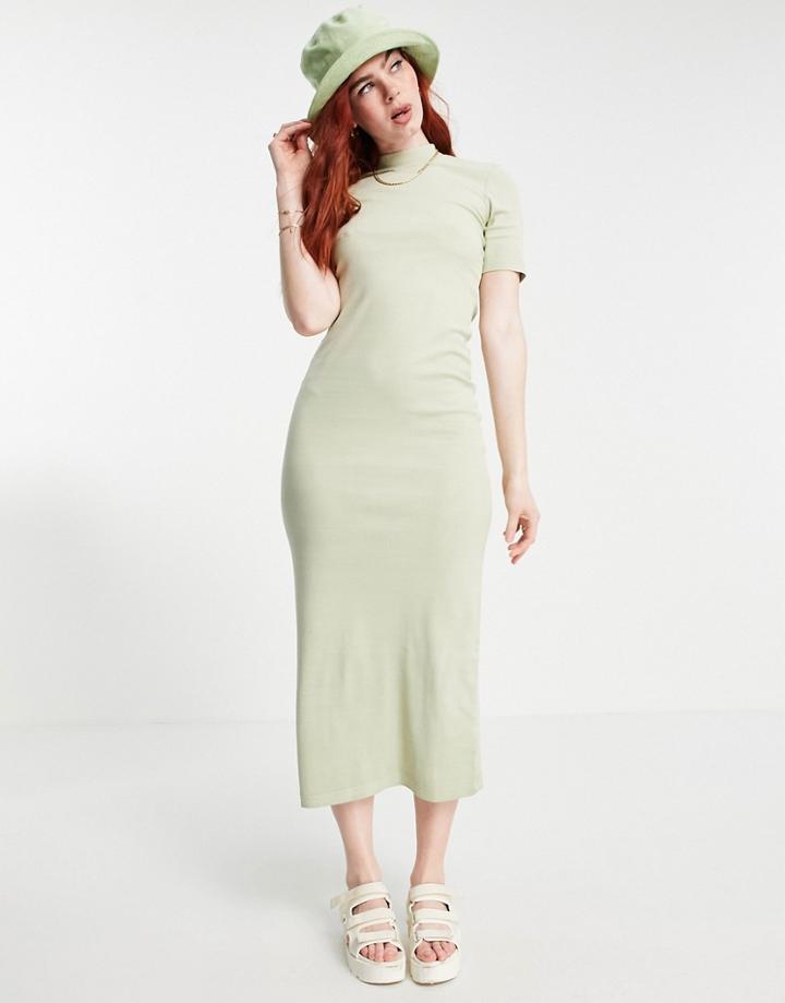 Weekday Vera Organic Cotton Ribbed Midi Dress With High Neck In Sage-neutral