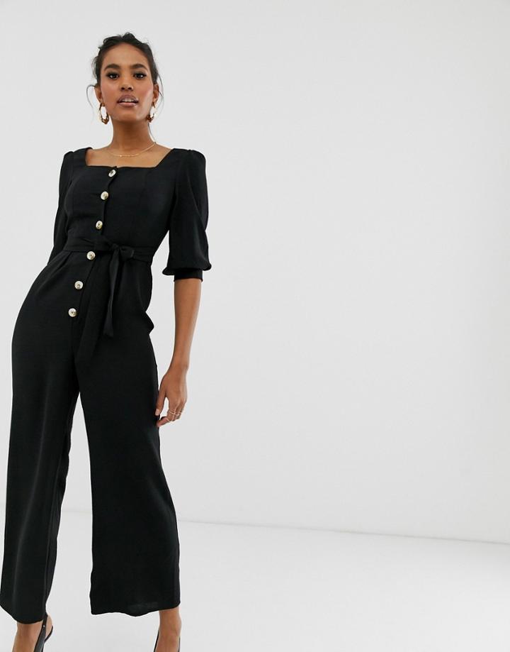 Asos Design Square Neck Puff Sleeve Jumpsuit With Button Detail - Black