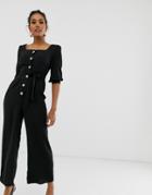 Asos Design Square Neck Puff Sleeve Jumpsuit With Button Detail - Black