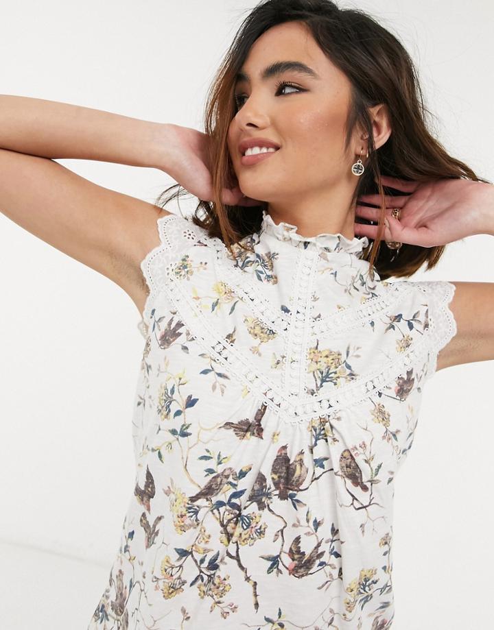 Oasis Lace Trim Top In White Bird Print-multi