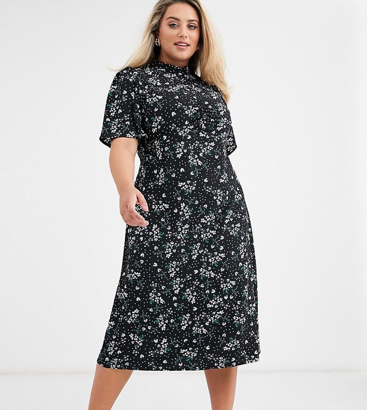 Fashion Union Plus High Neck Midaxi Tea Dress With Flutter Sleeve