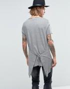 Asos Super Longline T-shirt With Scoop Neck And Tie Hem With Raw Edge - Gray Grindle