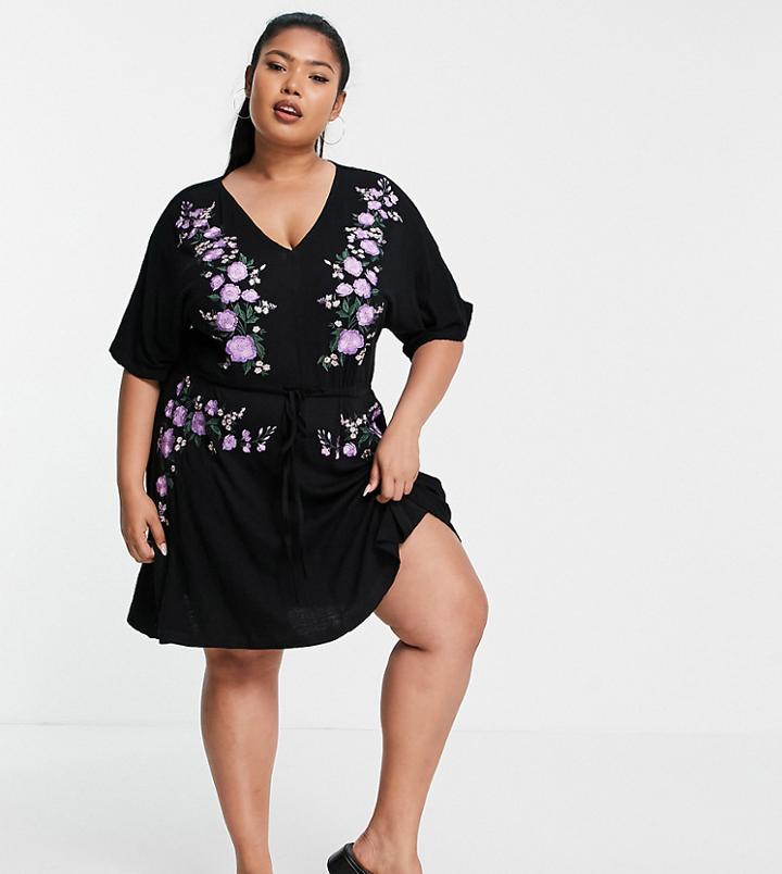 Asos Design Curve Crinkle Mini Dress With Drawstring Waist With Floral Embroidery In Black