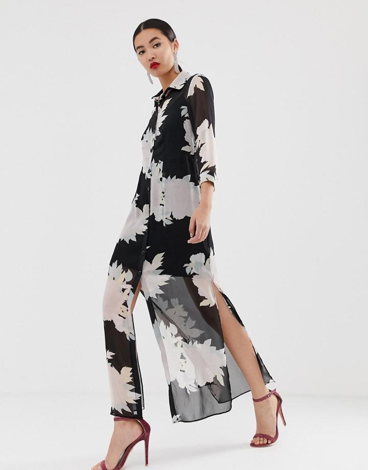 River Island Maxi Shirt Dress In Black Floral Pattern