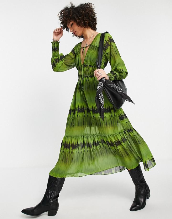 Topshop Tie Front Tie Dye Midi Dress In Green