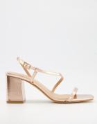 Truffle Collection Square Toe Assymetric Strap Block Heeled Sandals In Rose Gold-copper