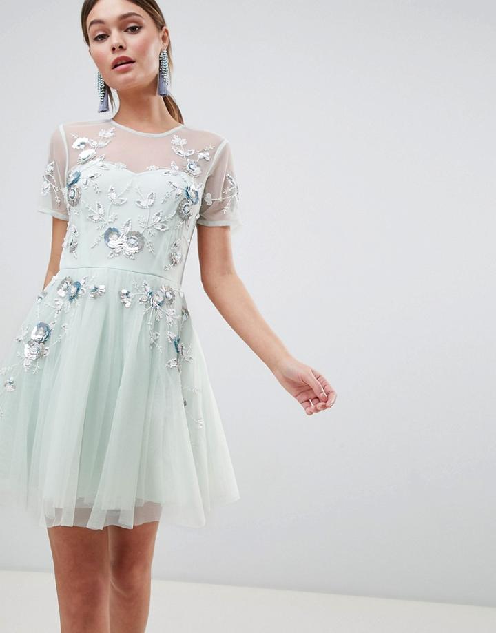 Asos Design Premium Embellished Tulle Open Back Mini Dress - Blue