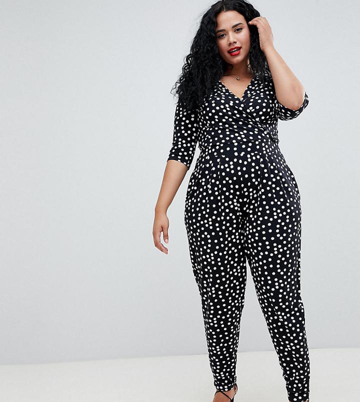 Asos Design Curve Wrap Jumpsuit With 3/4 Sleeve In Spot - Multi