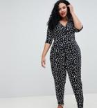 Asos Design Curve Wrap Jumpsuit With 3/4 Sleeve In Spot - Multi