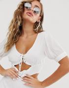 Asos Design Lace Up Milk Maid Beach Crop Top In White Dobby Spot Two-piece