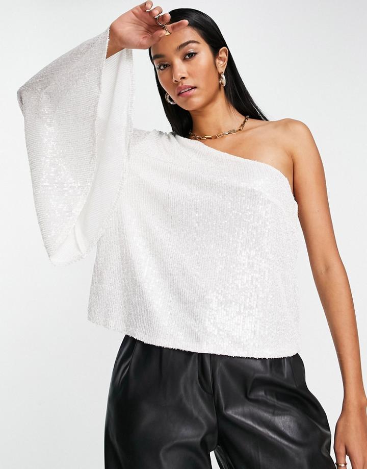 Pretty Lavish One Sleeve Top In All-over White Sequin - Part Of A Set