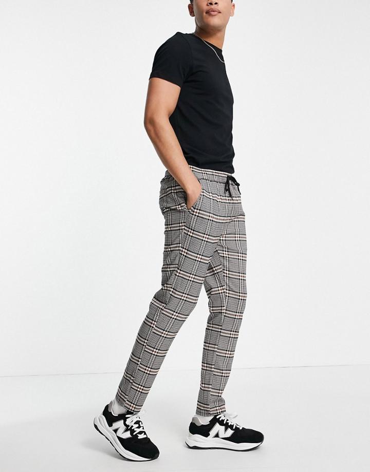 Asos Design Slim Pants With Elastic Waist In Brown Check-grey