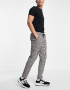 Asos Design Slim Pants With Elastic Waist In Brown Check-grey