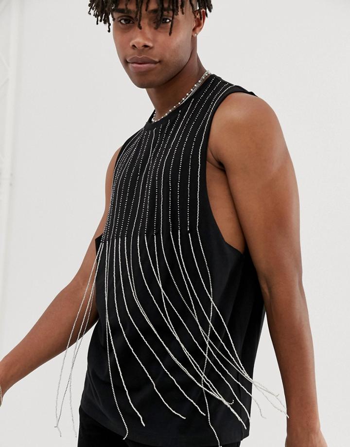 Asos Design Festival Relaxed Sleeveless T-shirt With Dropped Armhole And Embellished Gem Fringing In Black
