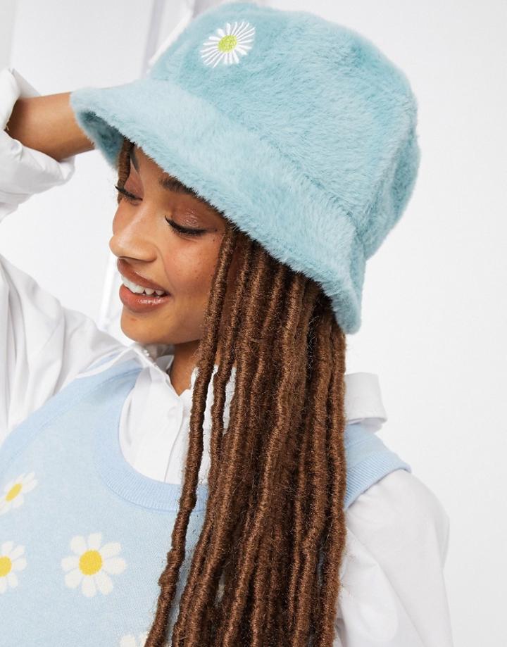 Asos Design Fluffy Bucket Hat In Green With Daisy Embroidery