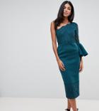 Asos Design Tall One Shoulder Lace Mix Midi Dress-green