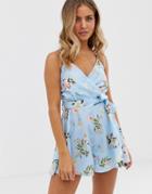 Parisian Wrap Front Romper With Tie Waist In Tropical Floral Print - Multi