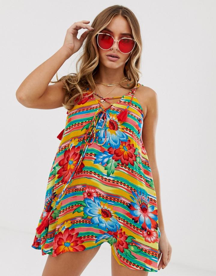 Asos Design Lace Up Front Beach Cover Up In Mexican Floral Print-multi