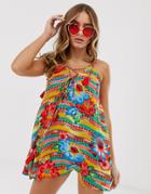 Asos Design Lace Up Front Beach Cover Up In Mexican Floral Print-multi