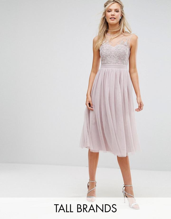 Little Mistress Tall Lace Applique Top Midi Tulle Prom Dress - Purple