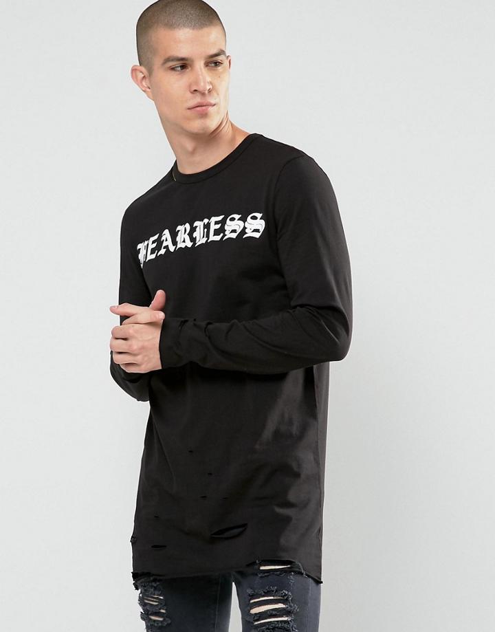 Asos Longline Long Sleeve T-shirt With Distressed Hem And Fearless Print - Black