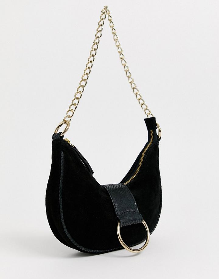 Asos Design Suede 90s Shoulder Bag With Ring And Snake Detail-black
