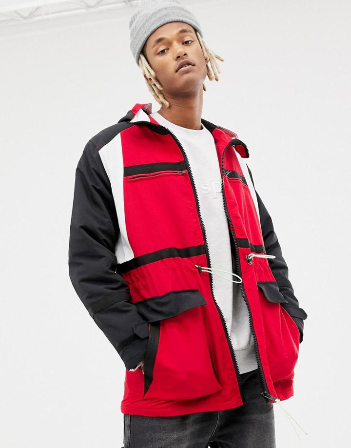 Asos Design Parka In Color Block In Red - Red