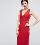 Little Mistress Tall Plunge Front Lace Applique Bodycon Dress - Red
