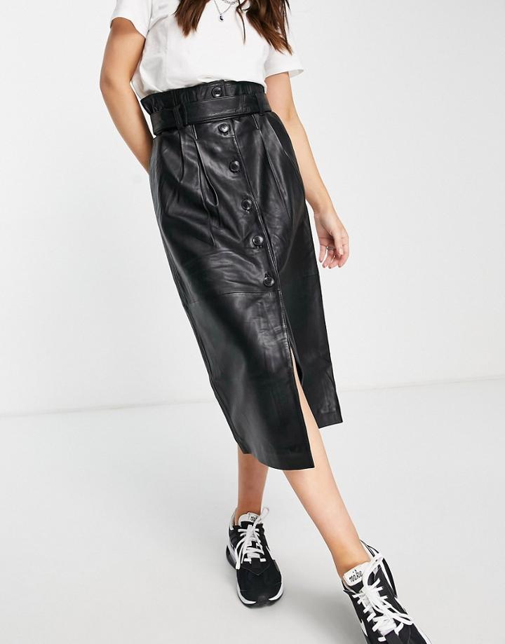 Selected Femme Real Leather Button Up Midi Skirt In Black
