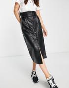 Selected Femme Real Leather Button Up Midi Skirt In Black