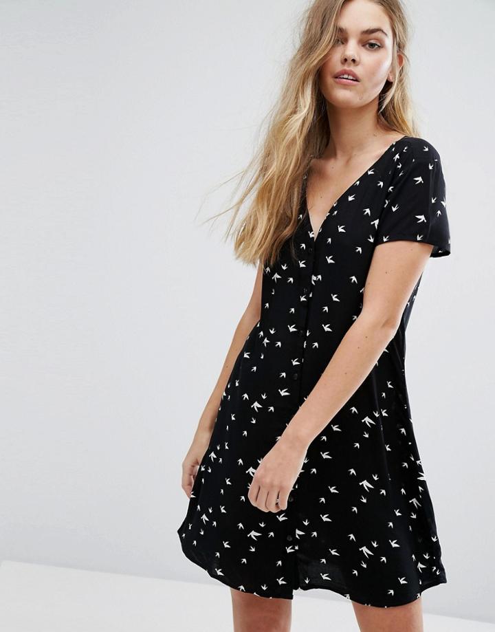 J.d.y Button Front Tea Dress With Bird Print - Black